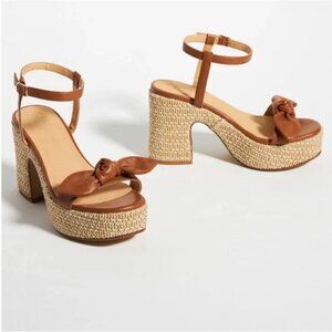 NWOT Anthropologie Bow Strap Raffia Platform Heels Brown/Tan Sz 41